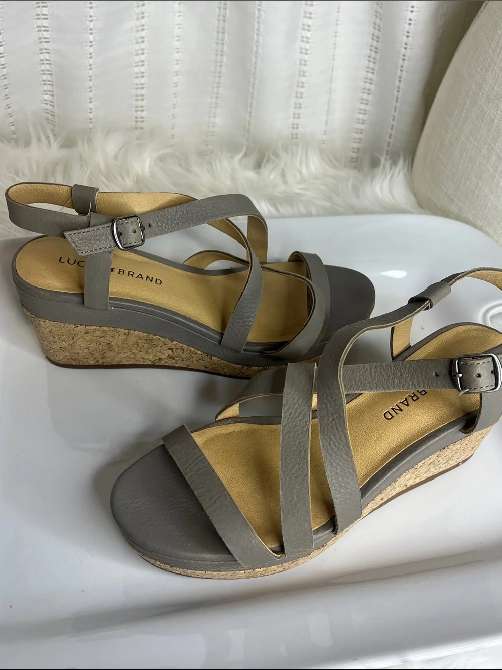 Lucky Brand Gray Strappy Cork Wedge Sandals